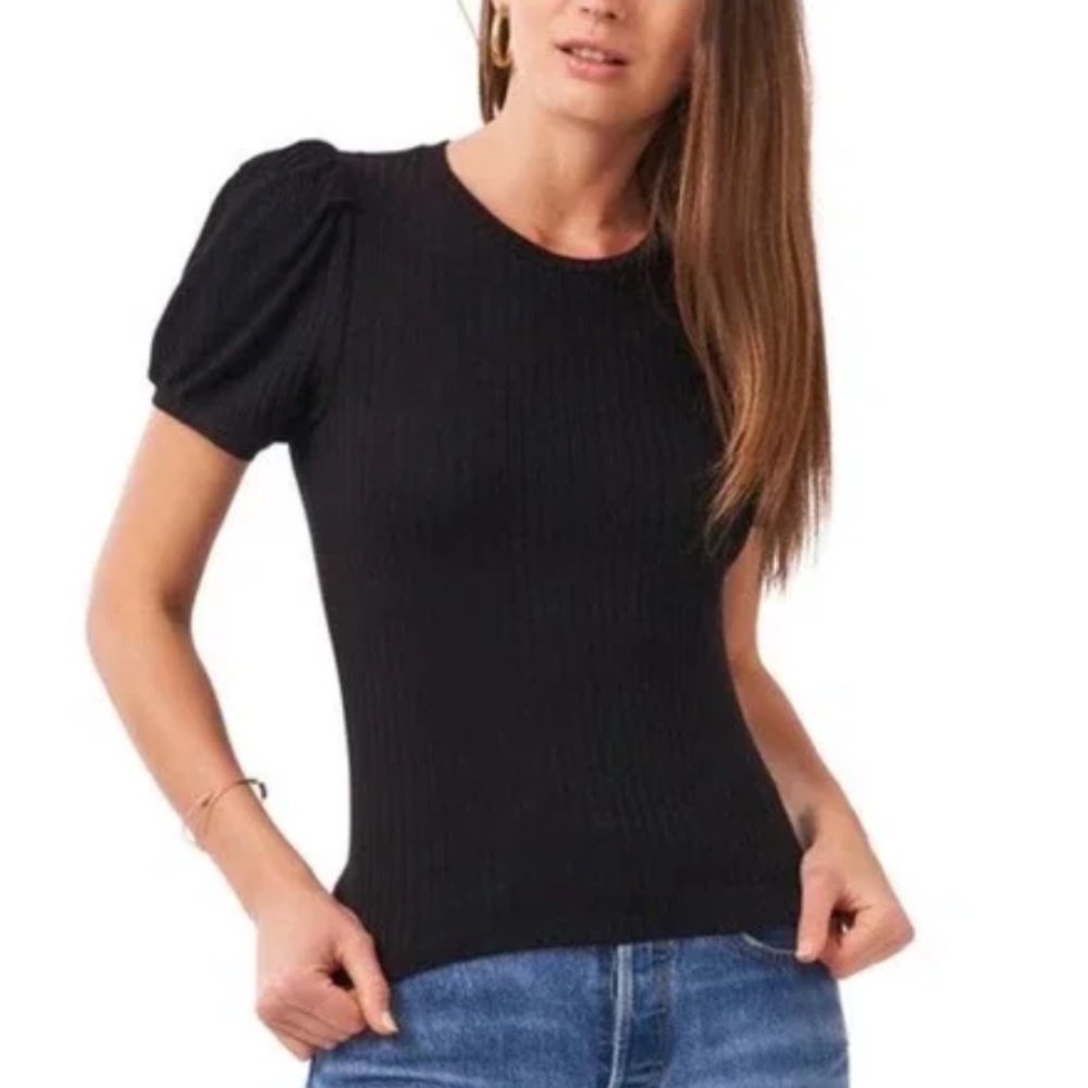 1.STATE Puffed Short Sleeve Ribbed Stretch Top